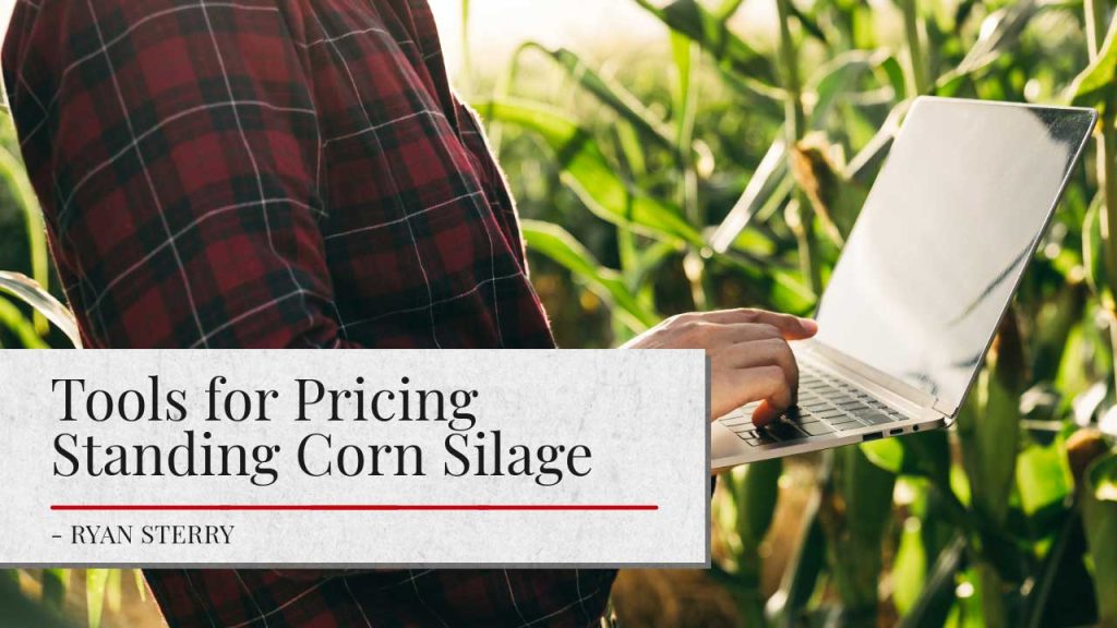 Certainly! Here's the ALT text for the image you provided: A person in a red plaid shirt stands in a cornfield holding an open laptop. Overlaid on the image is a semi-transparent white banner with text that reads 'Tools for Pricing Standing Corn Silage - Ryan Sterry.'