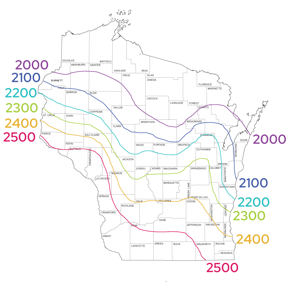 A color-coded map of Wisconsin displaying the distribution of growing degree days (GDD). The map is overlaid with contour lines in various colors, each representing a range of GDD values. The lines start from 2000 GDD in the northern part of the state and increase to 2500 GDD towards the southern regions.