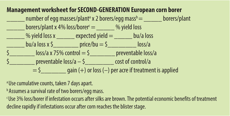 Second generation European corn borer management worksheet (pg. 52), UW- Extension (A3646) Pest Management in Field Crops 