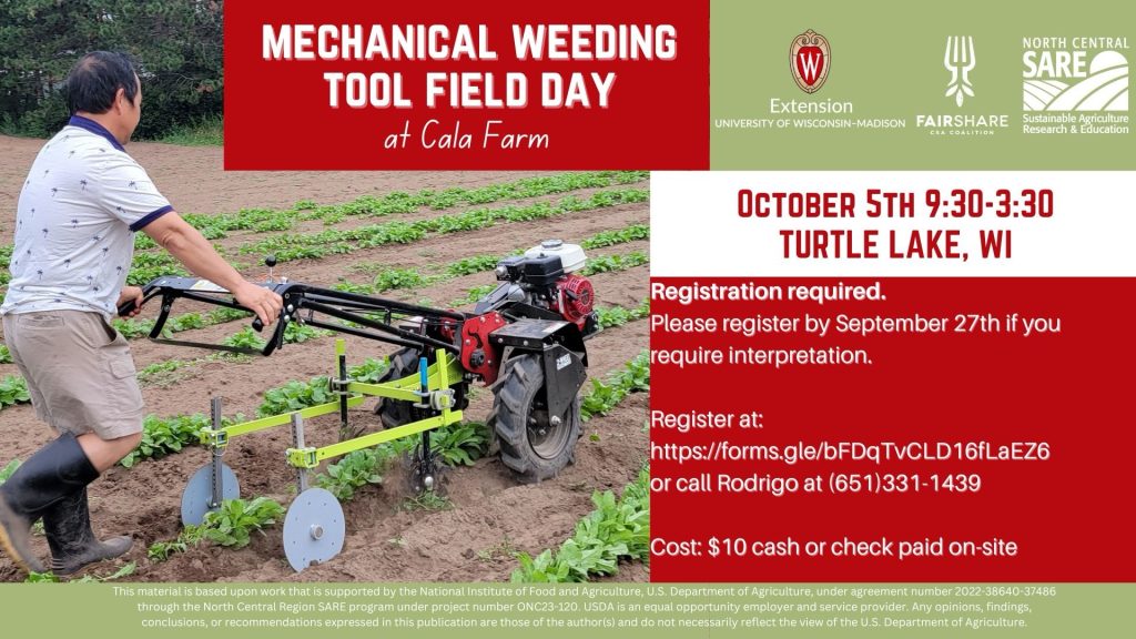 An individual is using a mechanical weeding tool in a field. The tool has two large wheels and a long handle, and it’s being pushed between rows of crops to remove weeds. On the right side of the image, there is an informational poster about the ‘Mechanical Weeding Tool Field Day’ event at Cala Farm, with details on registration, date, time, location, and contact information.