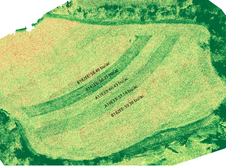 A top-down view of an agricultural field with distinct sections, generated from combining individual drone images, with a color gradient indicating different levels of productivity. The labels indicate specific yield values in bushels per acre for each section.