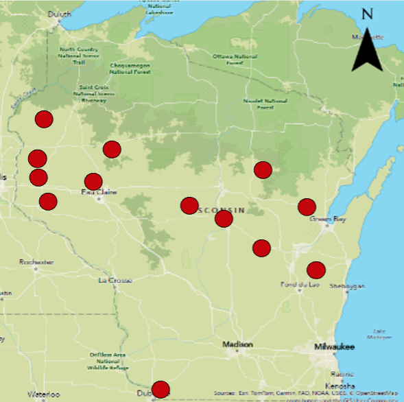 Map of Wisconsin with red dots mostly in the northern third of the state signifying bale grazing project sites