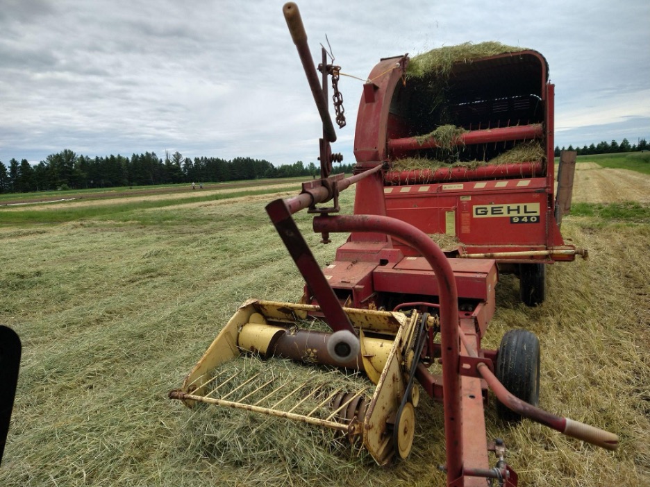Red Gehl 940 hay baler in a field with cut rye mulch.