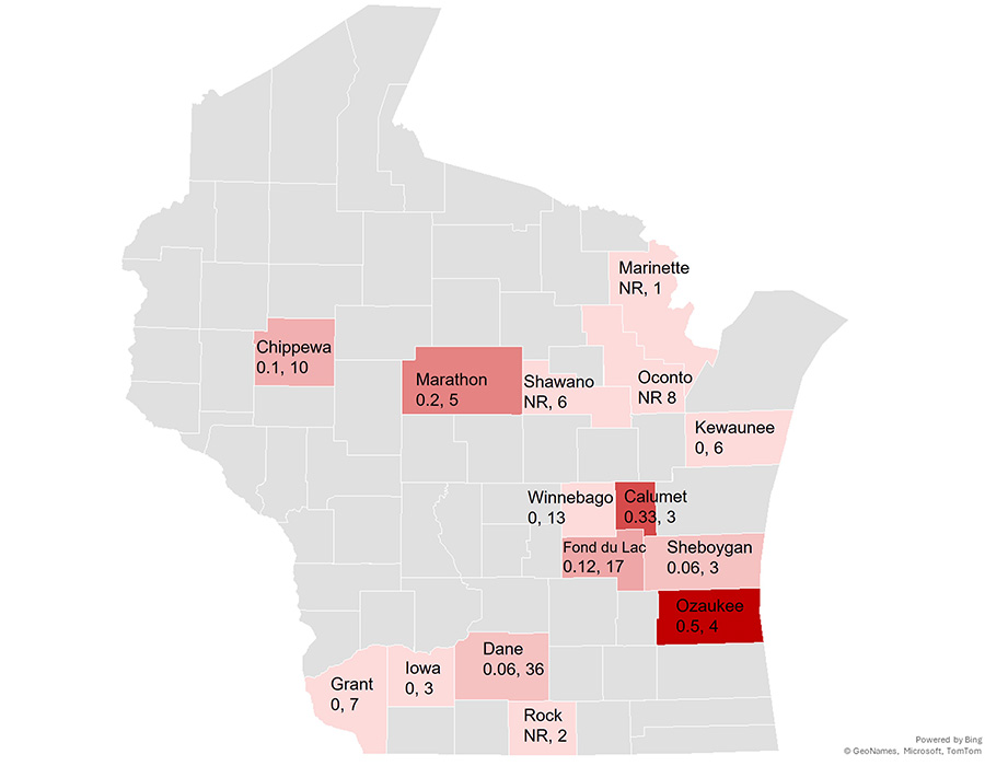 Wisconsin map with counties shaded red, labeled with two values like “0.1, 10” or “NR, 6”.