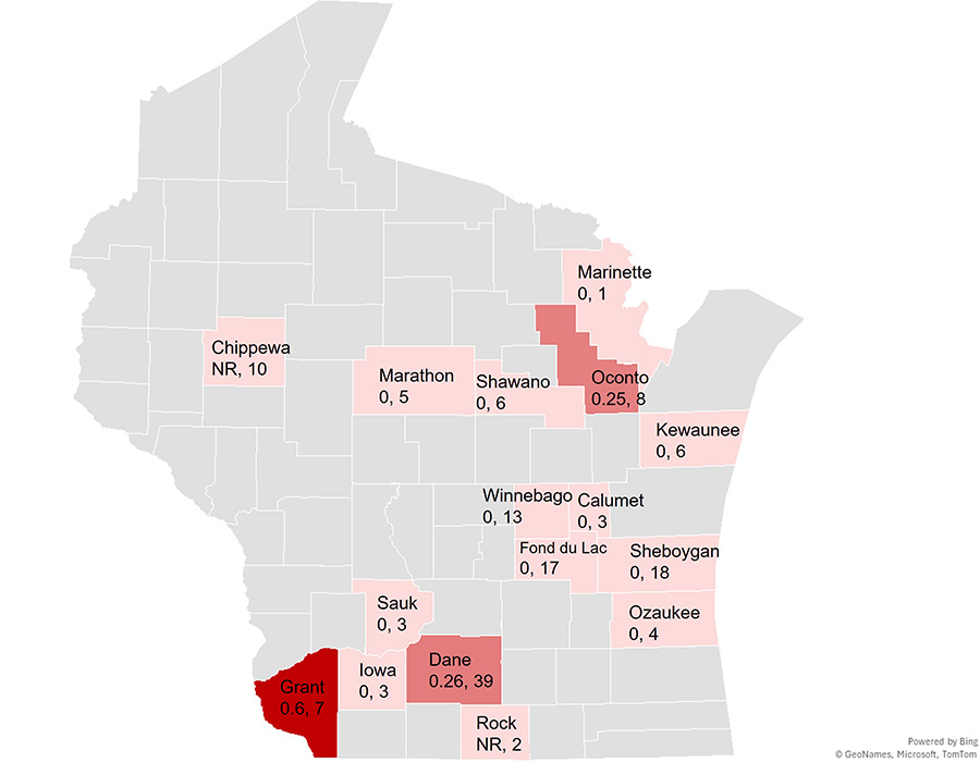 Wisconsin map with counties color-coded and labeled with values like “0.25, 8” or “NR, 10”; Grant County is dark red.