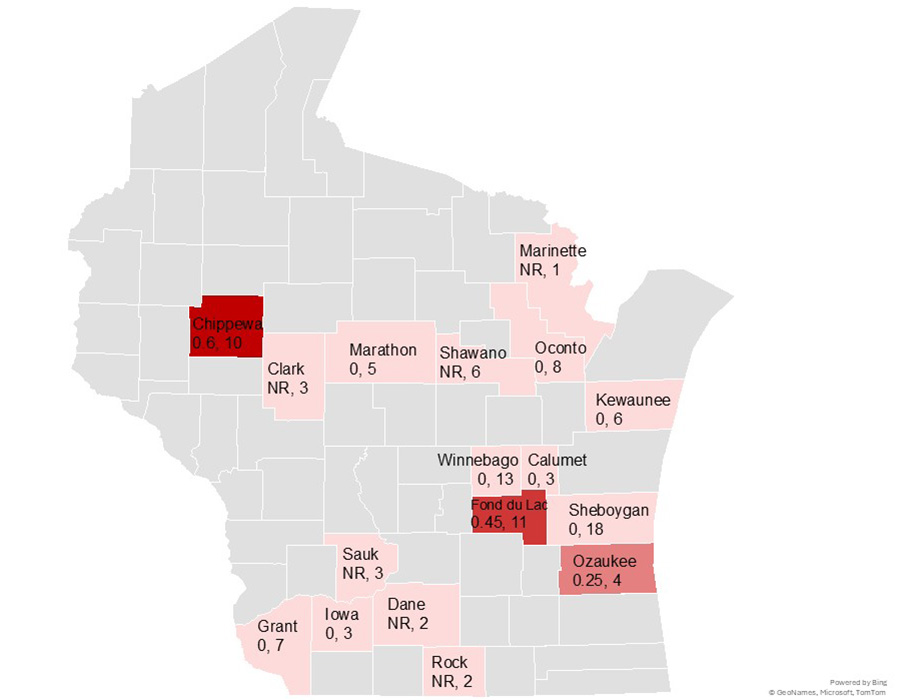 Wisconsin map with counties shaded red and labeled with values like “0.6, 10” or “NR, 6”.