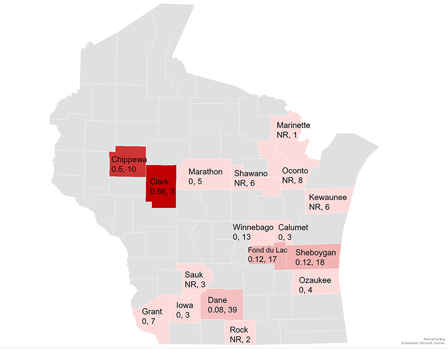 Wisconsin map with counties shaded red or pink, labeled with values like “0.5, 10” or “NR, 6”.