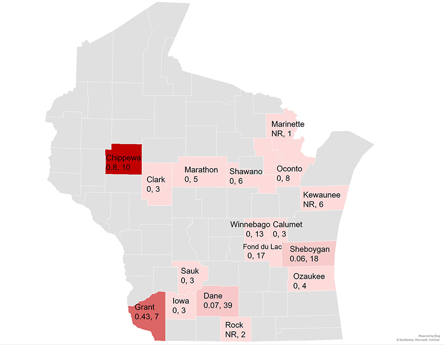 Wisconsin map with counties shaded red or pink, labeled with values like “0.8, 10” or “NR, 2”.