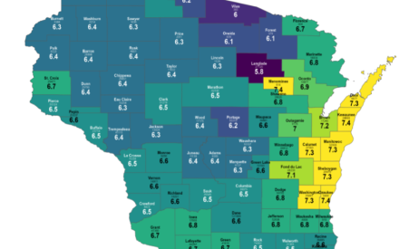 Wisconsin map showing average county soil pH from 2016–2020, color-coded from 5.8 (purple) to 7.4 (yellow).