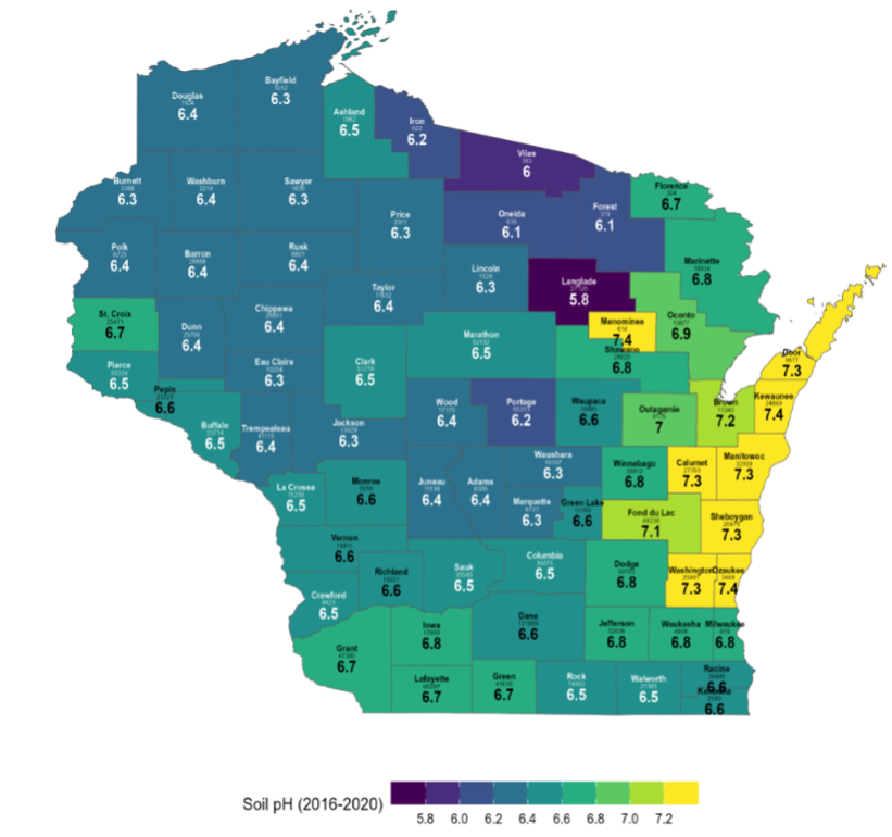 Wisconsin map showing average county soil pH from 2016–2020, color-coded from 5.8 (purple) to 7.4 (yellow).