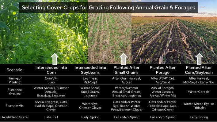 Cover crop selection chart with field photos and timing scenarios