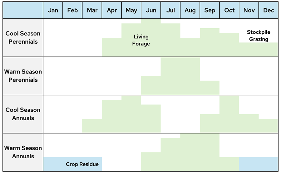 Seasonal grazing management chart showing cool and warm season forage availability