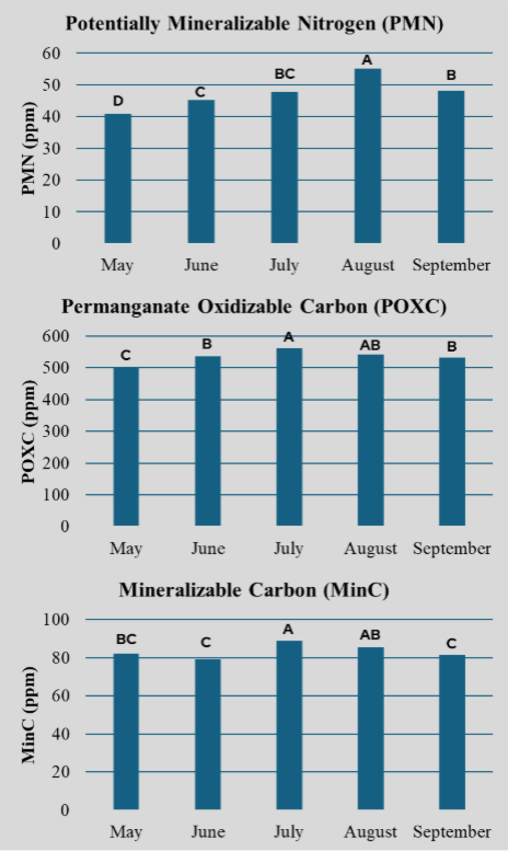 Three bar charts comparing PMN, POXC, and MinC across May to September.