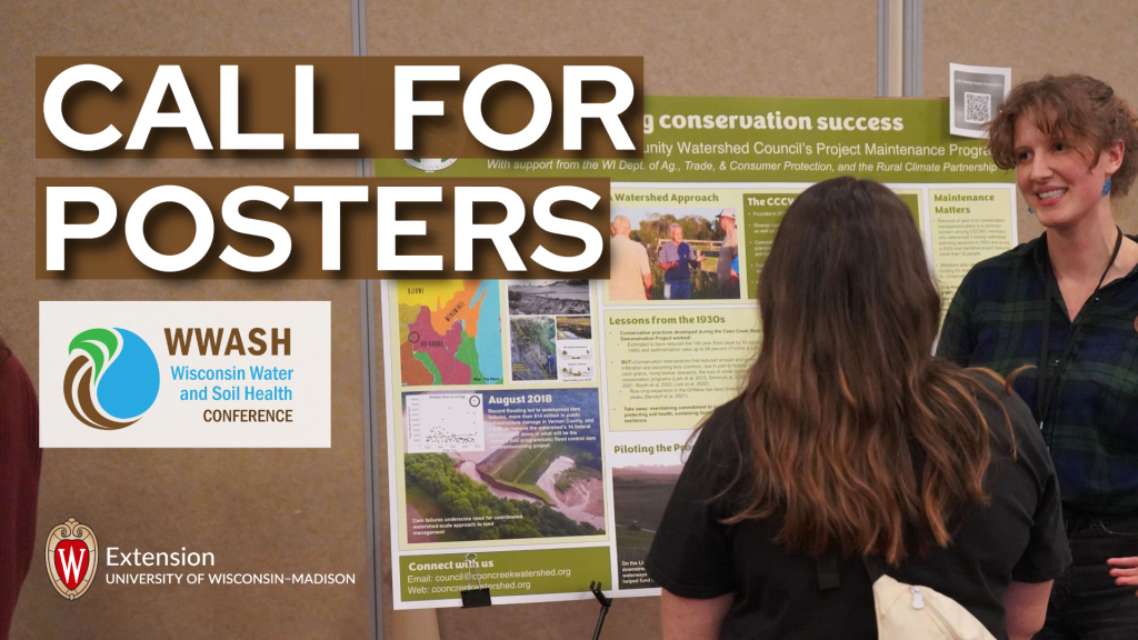 "Call for posters" with the Wisconsin Water and Soil Health Conference and UW–Madison Extension logo and a photo of two people talking about a poster.