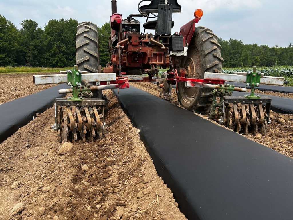 Tractor cultivating between rows