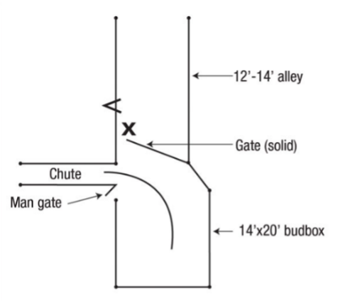 Diagram of cattle handling area with bud box, chute, alley, and gates.