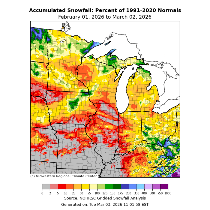 30 day departure from normal snowfall map of upper midwest. Image description below.