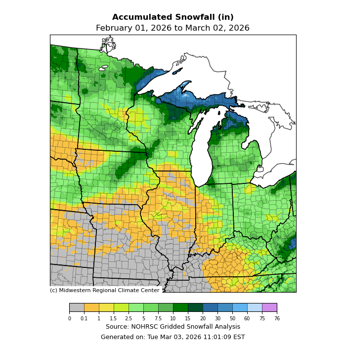 30 day accumulated snowfall map of upper midwest. Image description below.