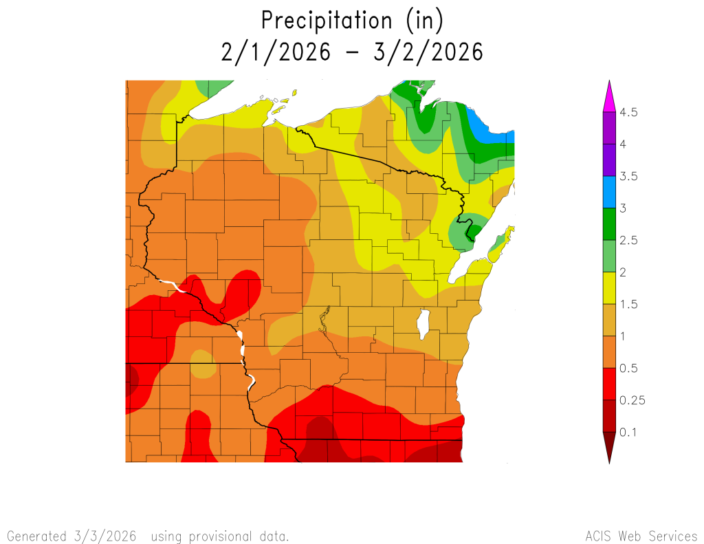 30 day precipitation total map for Wisconsin. Image description below.