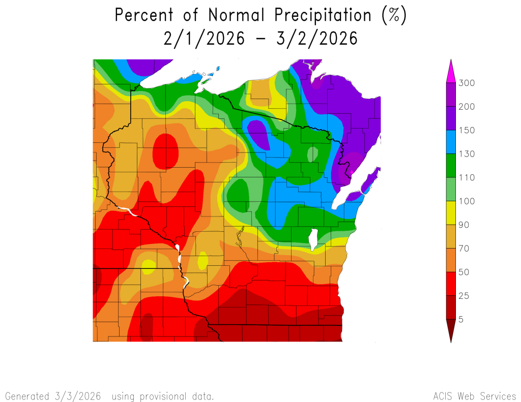 30 day precipitation percent of normal map for Wisconsin. Image description below.