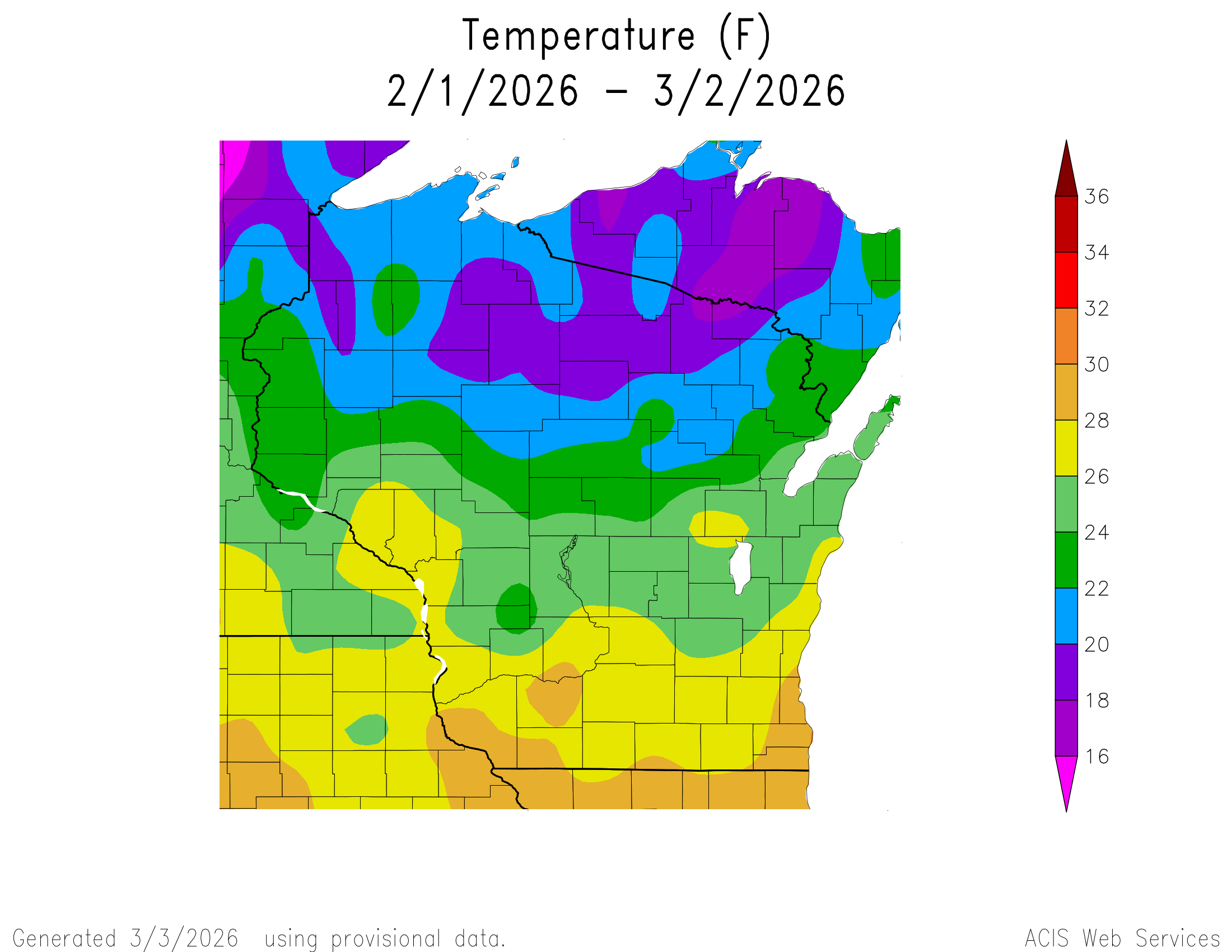 30-day temperature map for Wisconsin. Image description below.
