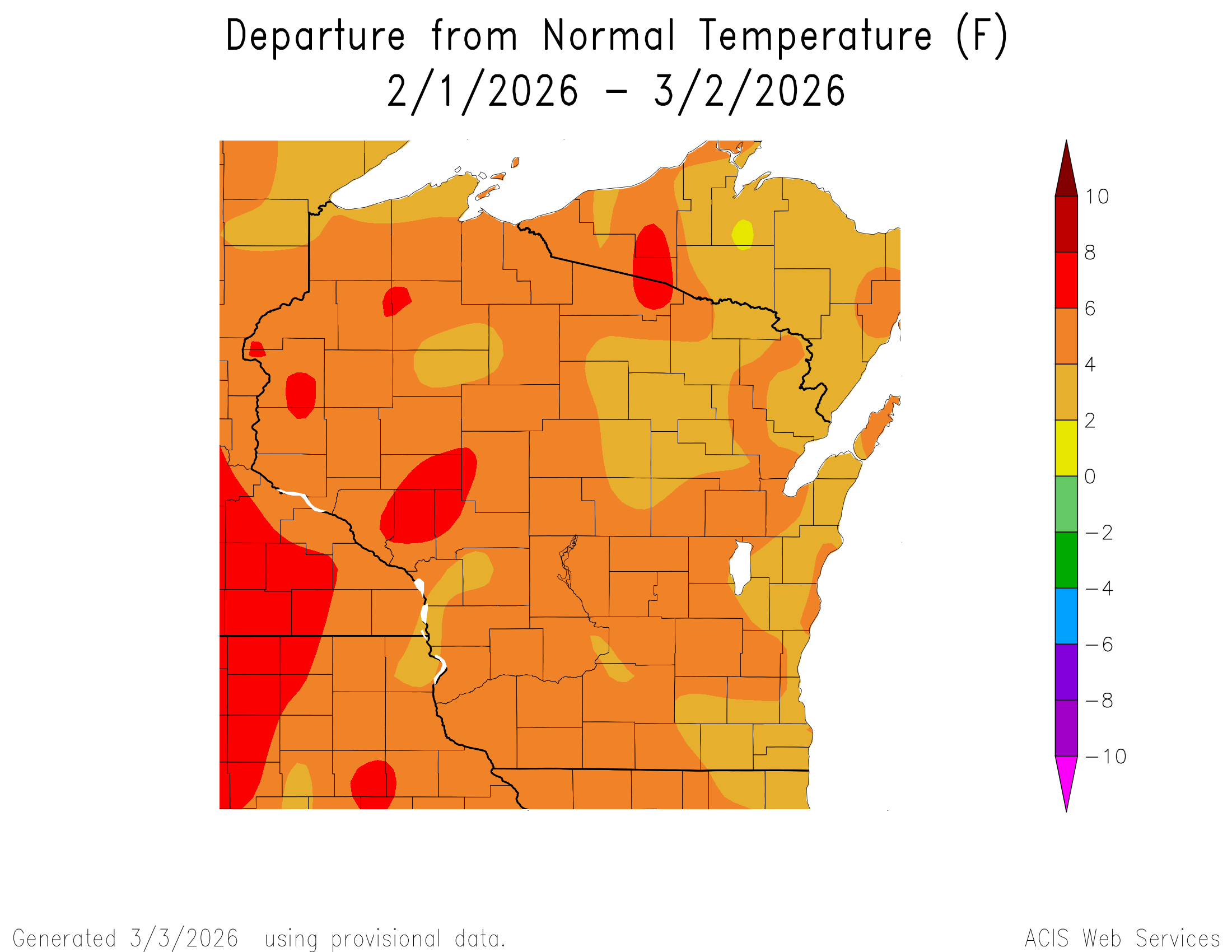 30-day temperature departure from normal map for Wisconsin. Image description below.