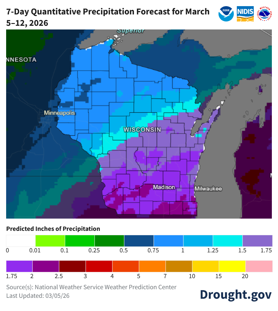 7-day precipitation chance map for Wisconsin. Image description below.