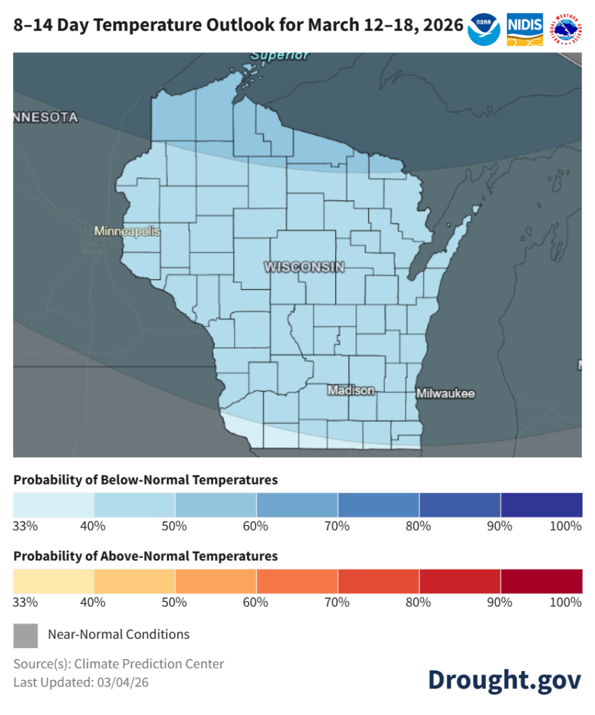 8-to-14-day temperature outlook map for Wisconsin. Image description below.