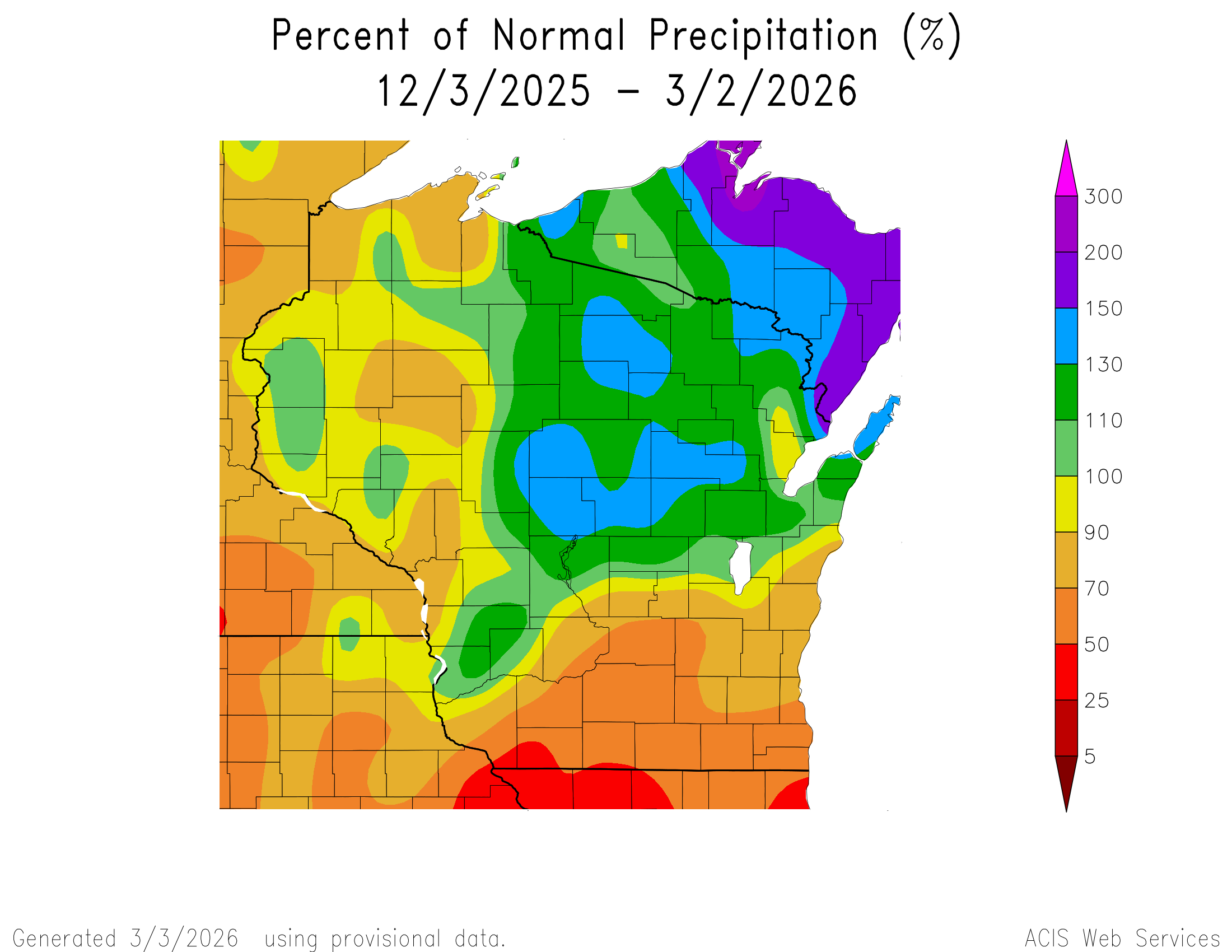 90 day precipitation percent of normal map for Wisconsin. Image description below.