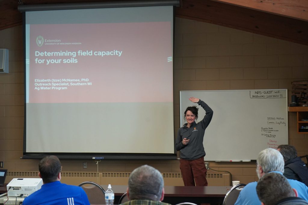 Izze McNamee, PhD, presents "Determining field capacity for your soils" at a UW-Madison Extension meeting, 2026.