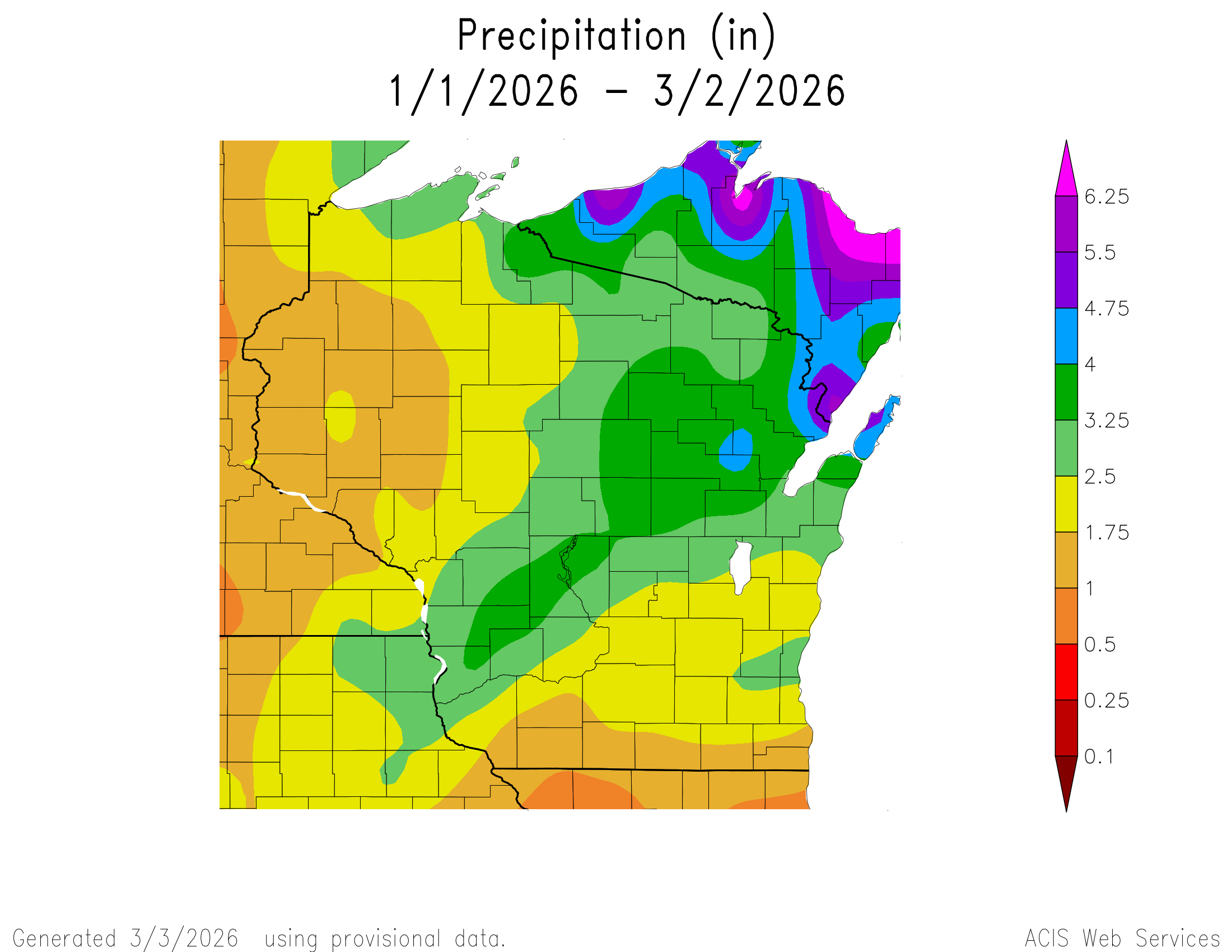 Cumulative annual precipitation total map for Wisconsin. Image description below.