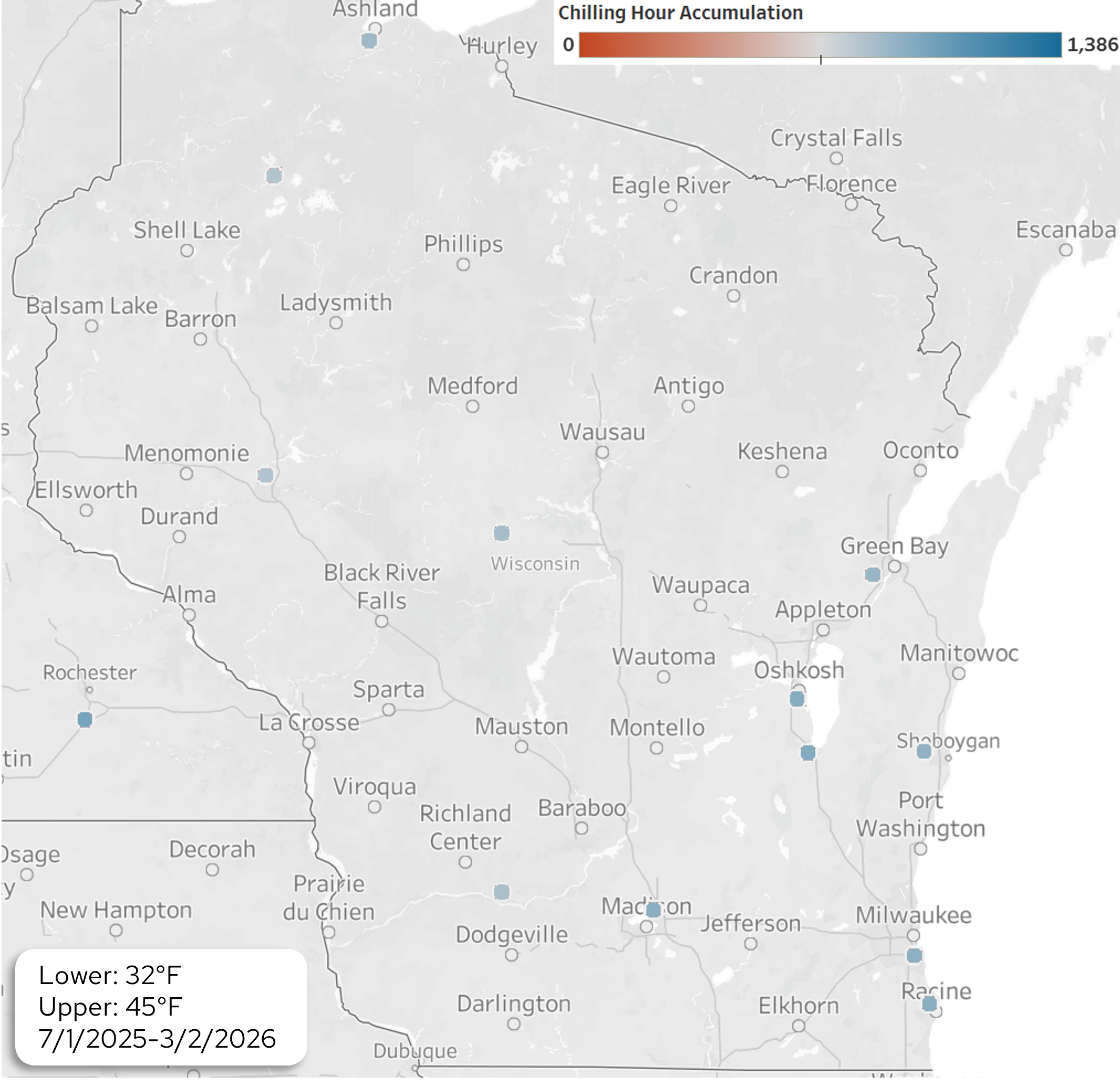 Chilling hour accumulation map for Wisconsin. Image description below.