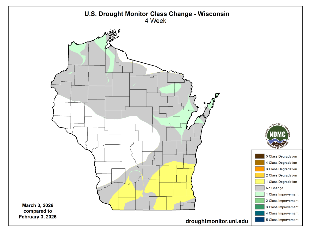 U.S. Drought Monitor Wisconsin class change map. Image description below.