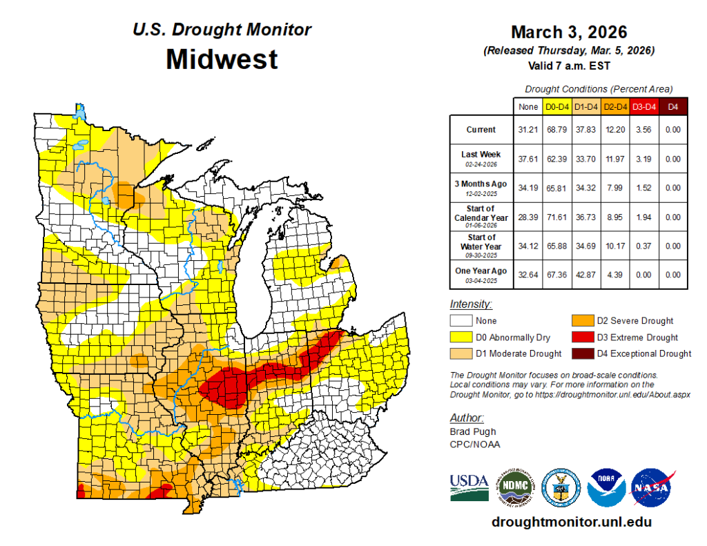 U.S. Drought Monitor midwest map. Image description below.