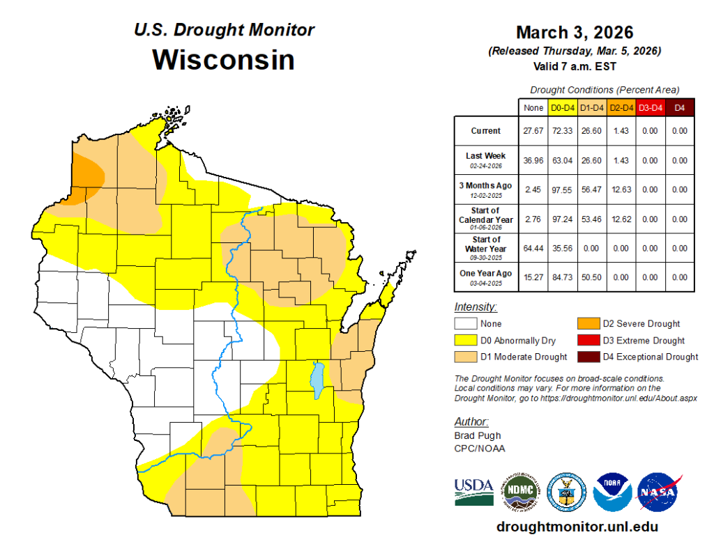 U.S. Drought Monitor Wisconsin map. Image description below.