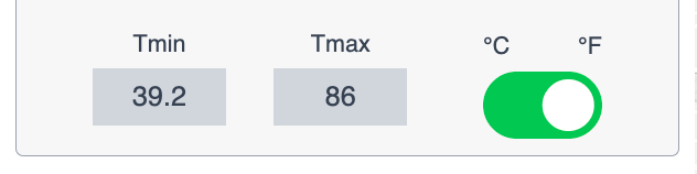 Minimum and maximum temperature panel. Minimum temperature displays "39.2ºF" and maximum temperature displays "86ºF"