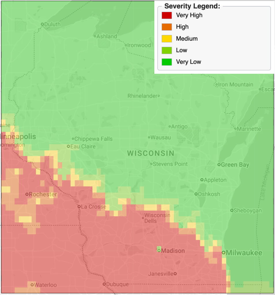 Display of Wisconsin with color-coded risk scores. The northeastern part of the state is green for "low risk", with a wave of red "high risk" advancing from the southwest. There is a light band of yellow "medium" risk in between.