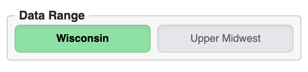 Date Range panel with two buttons: Wisconsin and Upper Midwest. The Wisconsin button is selected and is green. The Upper Midwest button is gray.