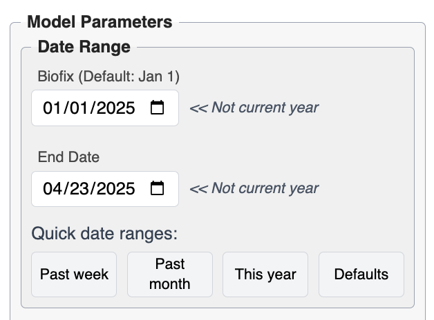 On the "Model Parameters" panel, the "Biofix" field is set to "01/01/2025", and the "End Date" field is set to "04/23/2025".