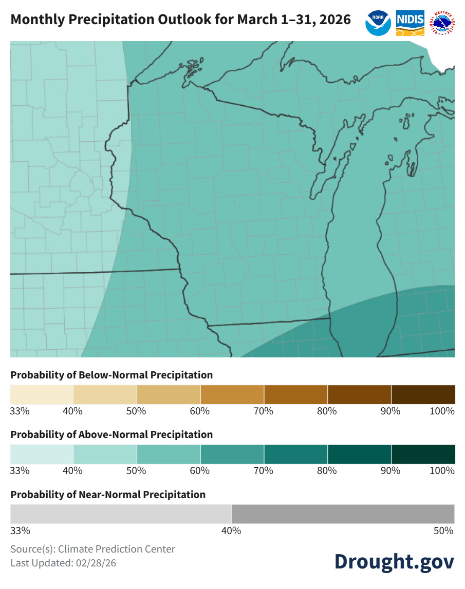 30-day precipitation outlook map for Wisconsin. Image description below.
