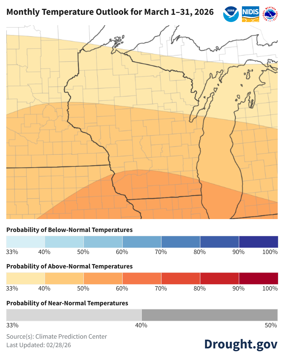 30-day temperature outlook map for Wisconsin. Image description below.