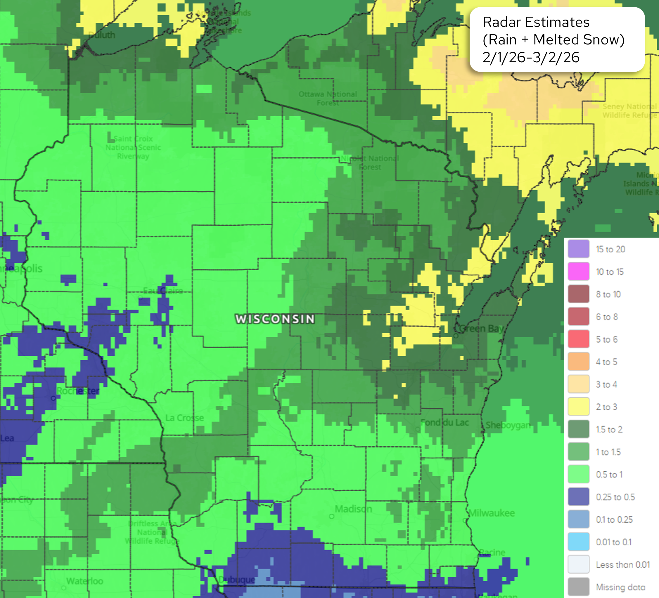 30 day precipitation map for Wisconsin. Image description below.