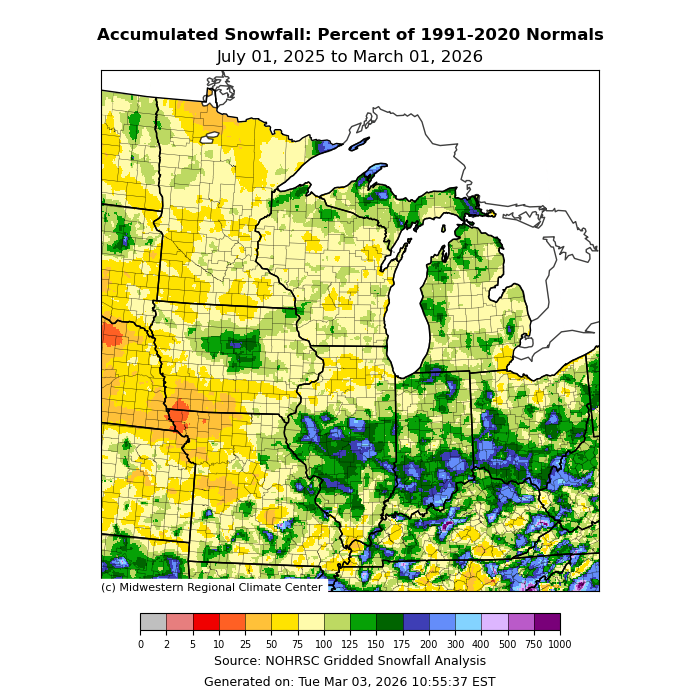 Seasonally accumulated snowfall percent of normal map of upper midwest. Image description below.
