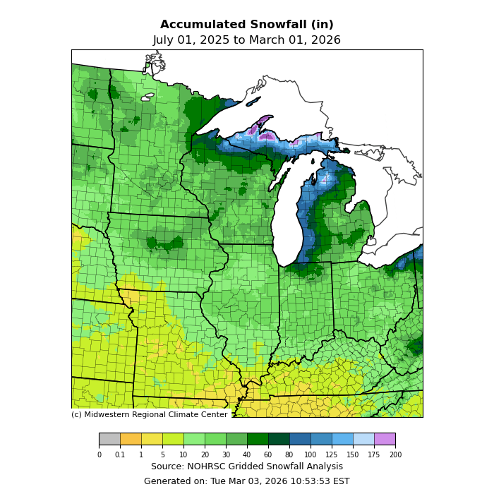 Seasonally accumulated snowfall map of upper midwest. Image description below.