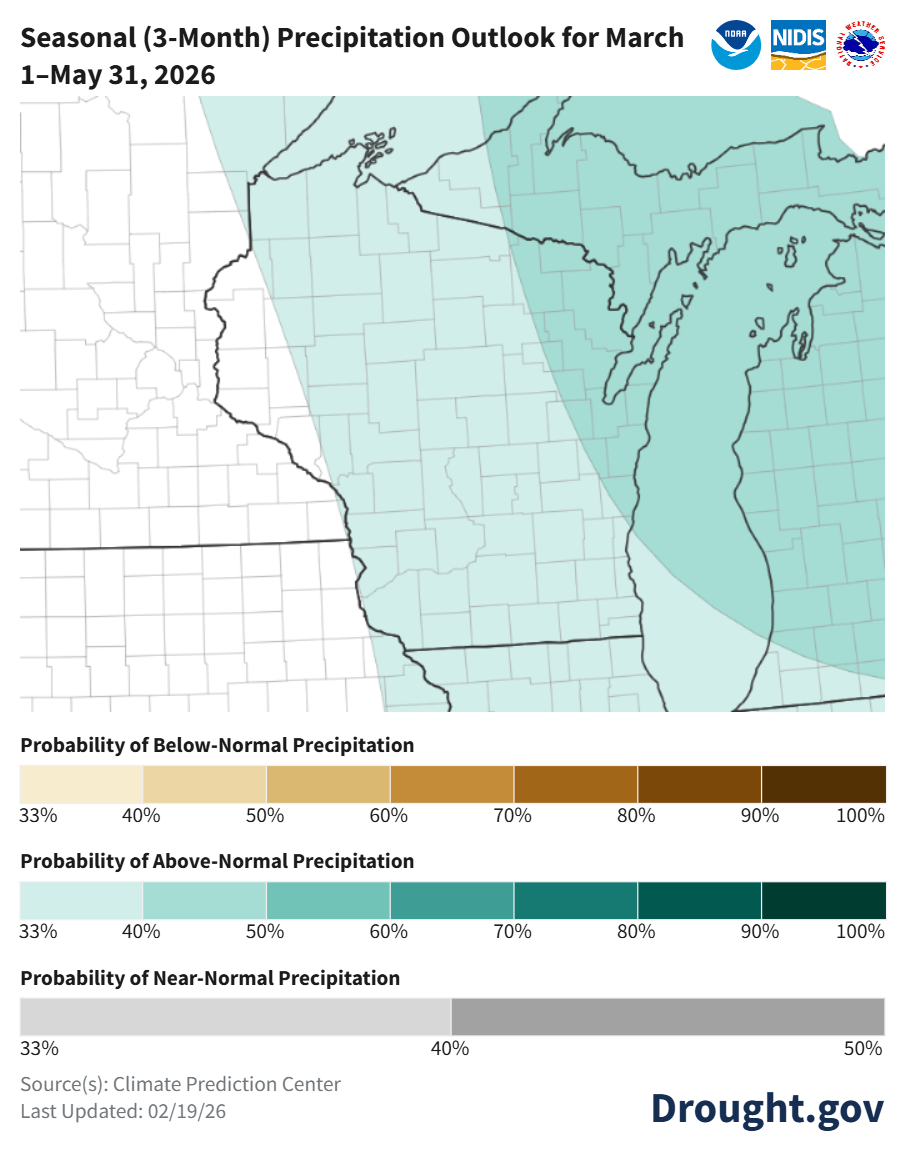 90-day precipitation outlook map for Wisconsin. Image description below.