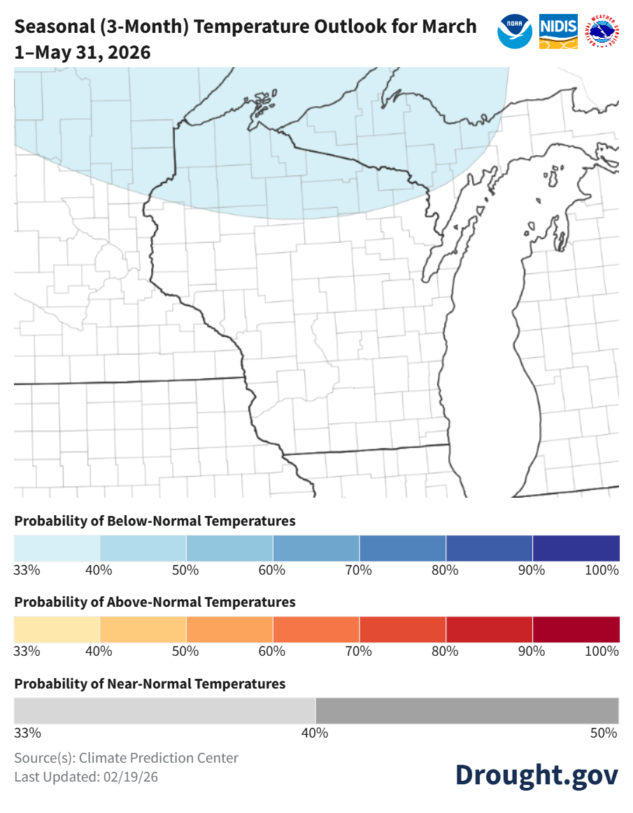90-day temperature outlook map for Wisconsin. Image description below.