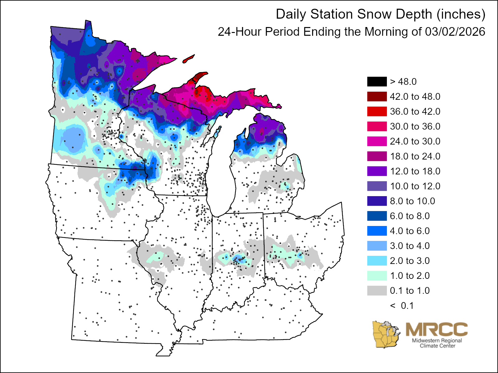 Current snow depth map of upper midwest. Image description below.