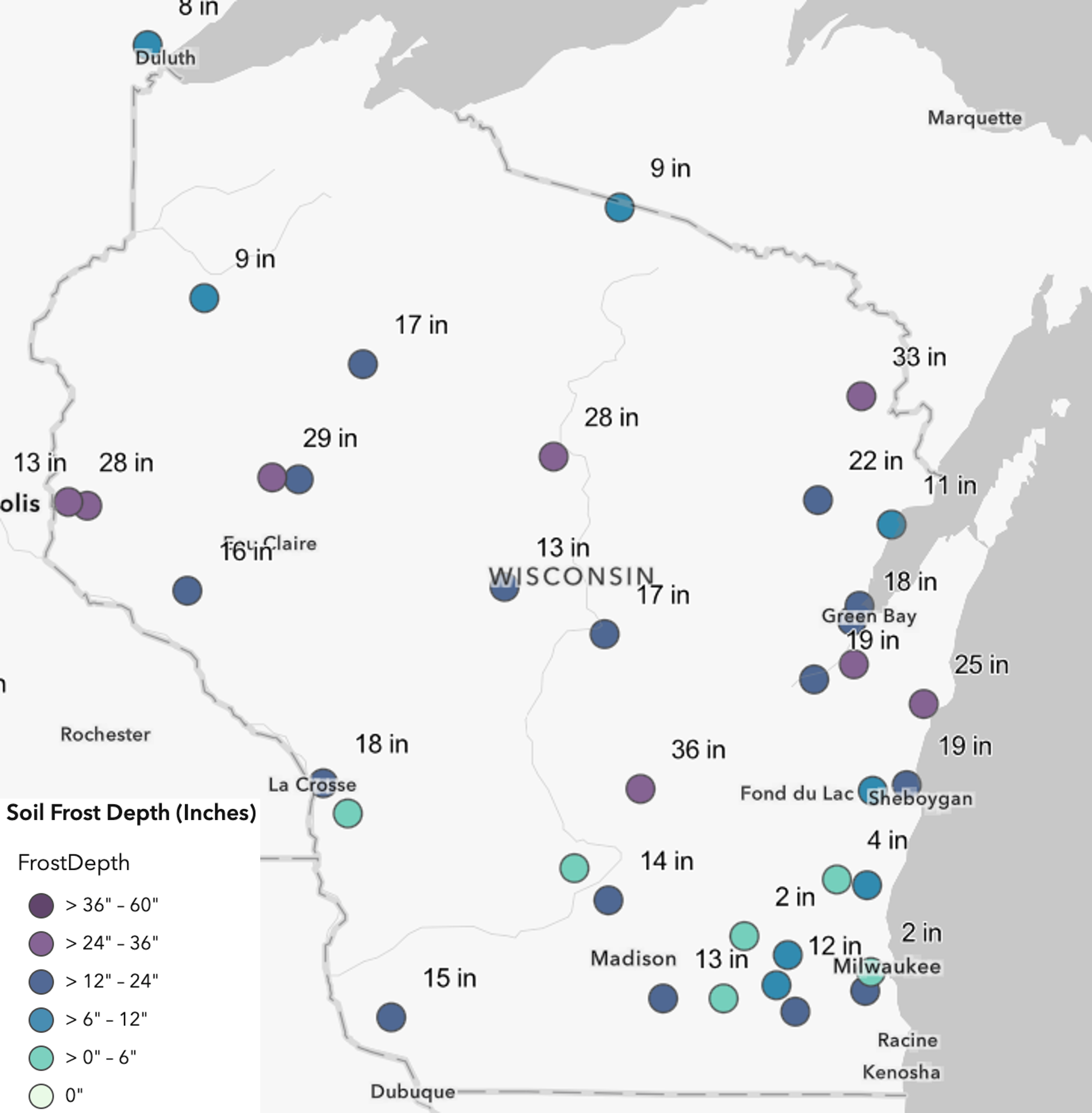 Wisconsin frost depth readings. Image description below.
