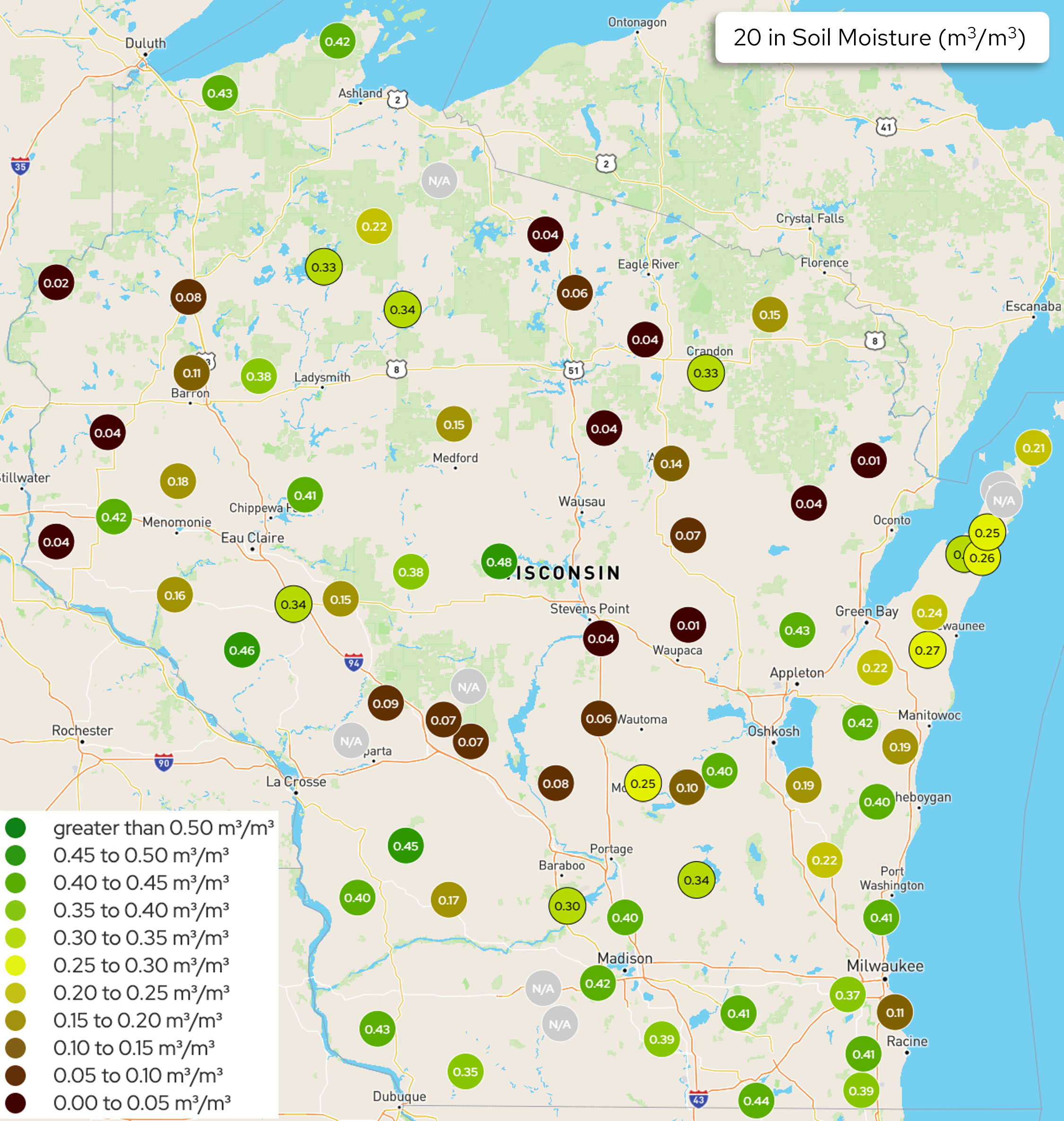 Wisconsin 20-inch soil moisture readings. Image description below.