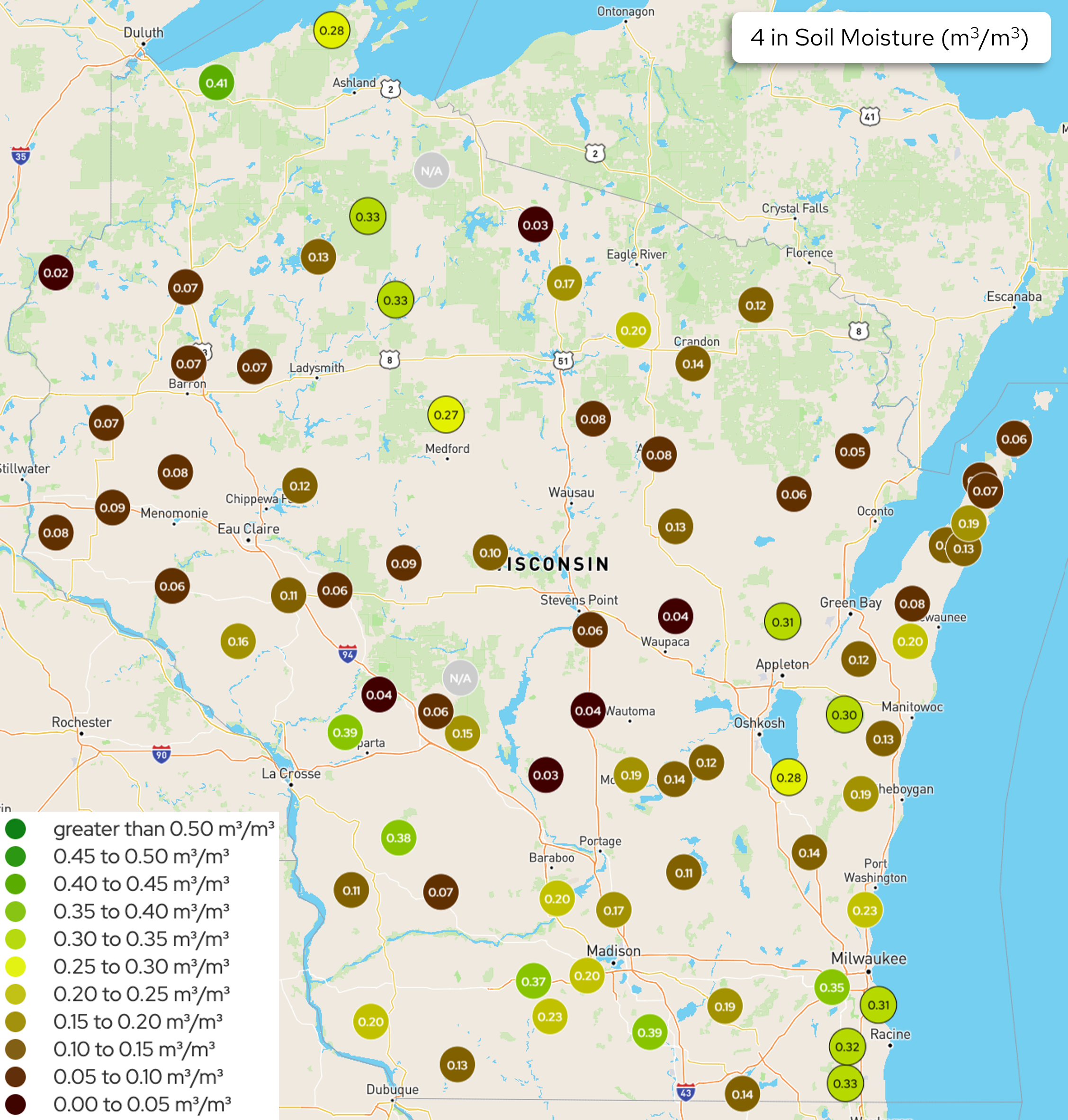 Wisconsin 4-inch soil moisture readings. Image description below.